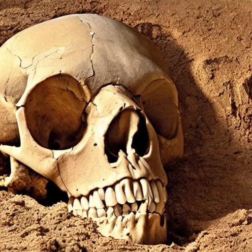 Image similar to Palaeontologists discover giant human skull, partly buried. Award winning photography, National Geographic.