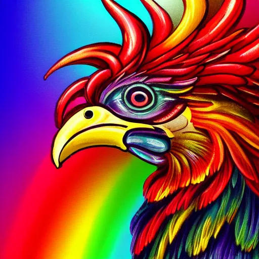 Image similar to Ornate Rainbow Rooster Portrait Antique style Barn background