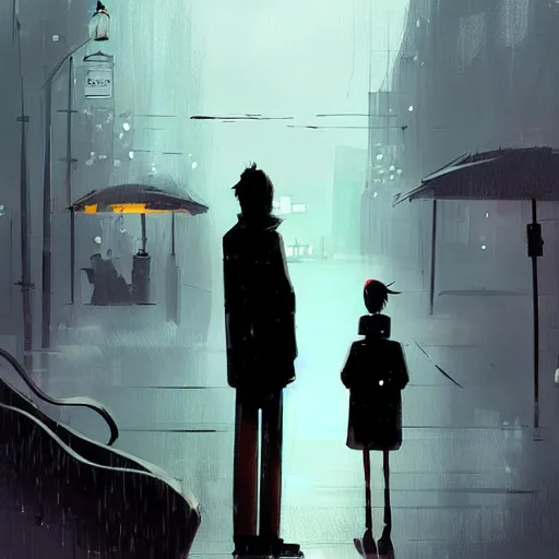 Prompt: dark city bus stop, by Pascal Campion,very detailed,ArtStation