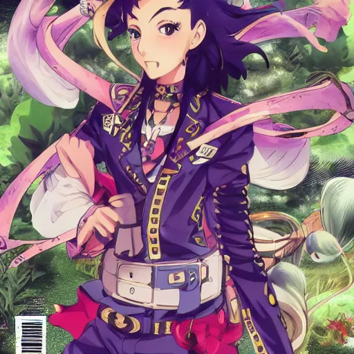 Image similar to Magazine Cover Anime key visual of a Gucci girl; official media; typography; drawn by Hirohiko Araki; Jojo's Bizarre Adventure; Jojolion, portrait, made by Stanley Artgerm Lau, WLOP, Rossdraws, James Jean, Andrei Riabovitchev, Marc Simonetti, Yoshitaka Amano, ArtStation