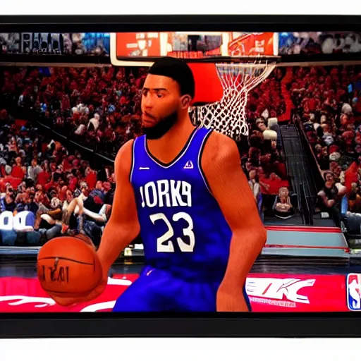 Image similar to blurry shaking photograph of the main menu for nba 2 k 2 3 playing on a tv, picture taken by iphone, uncompressed,