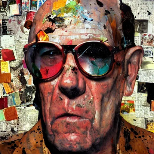 Image similar to hyperrealistic, photorealistic, mixed media oil painting of hunter s. thompson, magazine scraps, plaster, oil, splatter, greg rutkowski