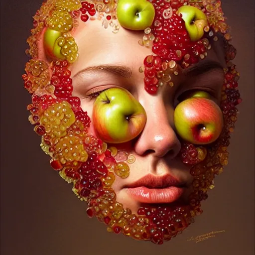 Image similar to portrait made of apples and fruit, fantasy, intricate, elegant, highly detailed, lifelike, photorealistic, digital painting, artstation, illustration, smooth, sharp focus, art by scott davidson, albert aublet, krenz cushart, artem demura, giuseppe arcimboldo