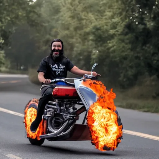 Prompt: a man with a burning skull head riding a flaming motercycle