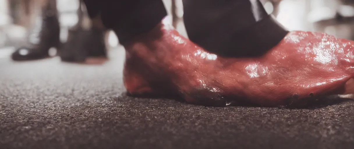 Image similar to a realistic film HD high qualiity depth of field color closeup photograph of a freshly severed human foot wearing a black leather shoe, in the style of a 1980s horror movie