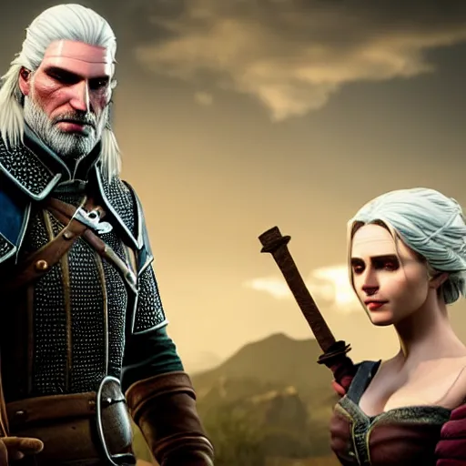 Image similar to geralt of rivia teaching ciri how to make potions in an alchemy lab, stunning 3 d render, perfect facial symmetry, flesh texture, realistic, highly detailed attributes and atmosphere, dim volumetric cinematic lighting, 8 k octane detailed render, post - processing, masterpiece, rtx on, rendering on unreal engine