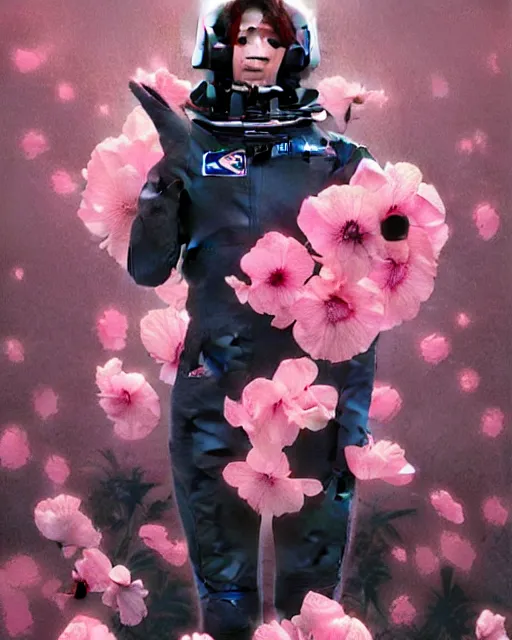 Prompt: a vintage photograph of a female astronaut standing on a bed of black and pink flowers, photorealistic, muted colors, dark aesthetic, intricate, elegant, sharp focus, illustration, highly detailed, digital painting, concept art, matte, art by wlop and artgerm and greg rutkowski and ross tran, masterpiece