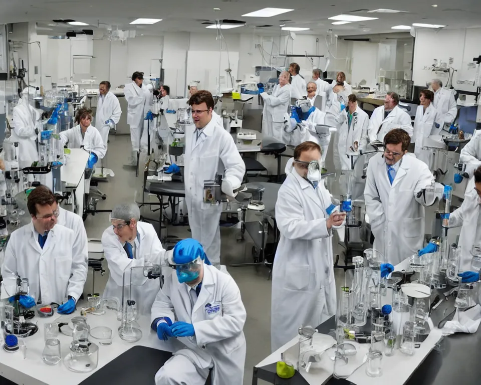 Image similar to reckless!!! whimsical! scientists in a lab inventing, presentation, scattered tables overloaded with doomsday devices and beakers and test tubes