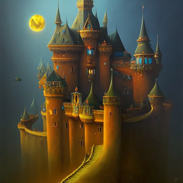 Image similar to a beautiful dark acrylic painting of a dark fantasy castle by Raja Ravi Varma and Gediminas Pranckevicius, trending on ArtStation.