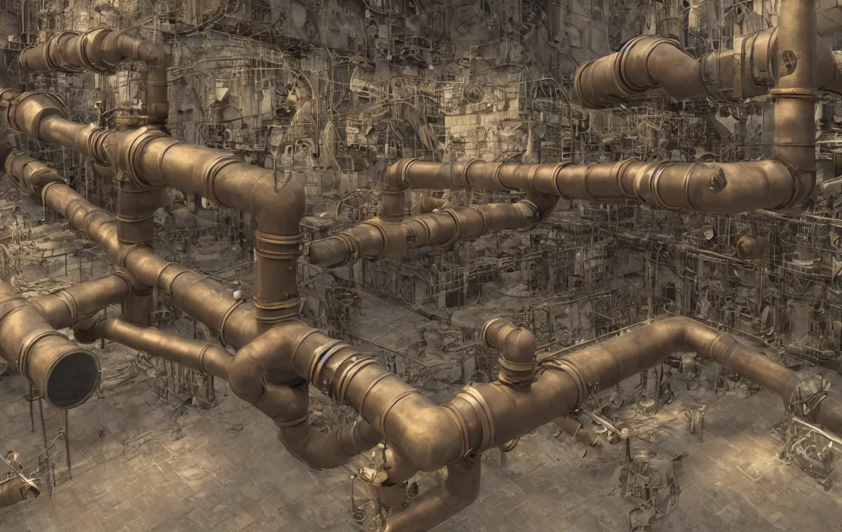 Prompt: realistic 3 d render of a steampunk pipeline with a single pipe going from the top left of the screen, to the top right, down, and going off in the bottom left of the screen