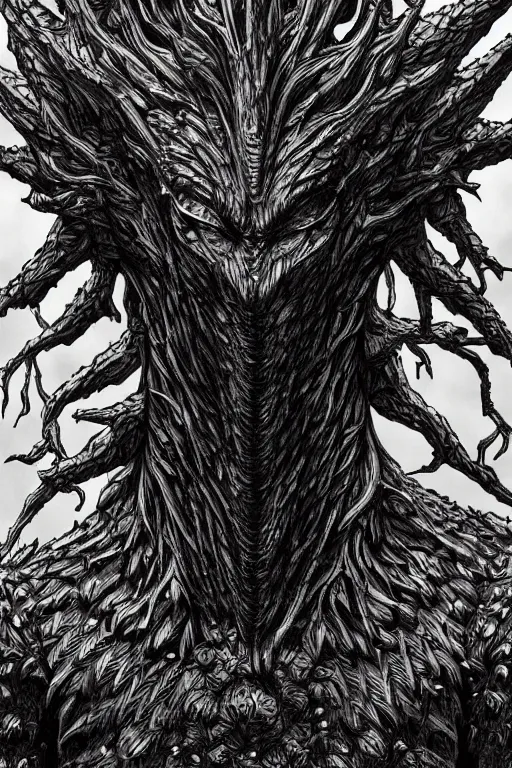 Image similar to armoured tree humanoid monster, symmetrical, highly detailed, digital art, tree armour, sharp focus, trending on art station, kentaro miura manga art style