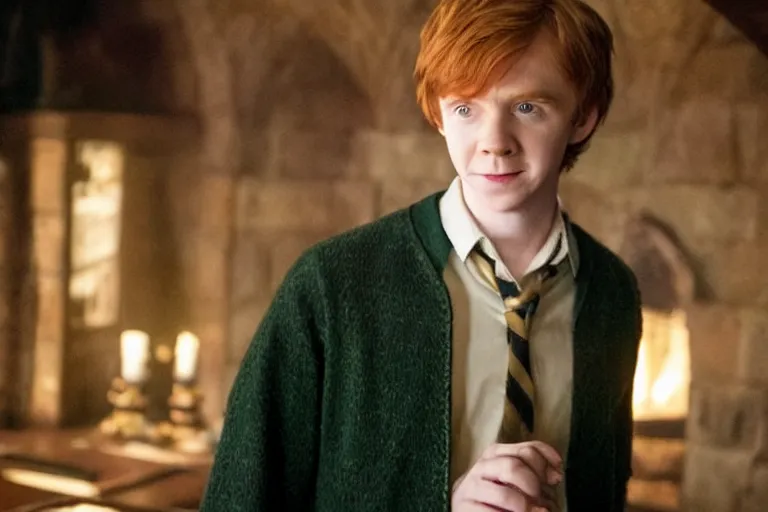 Image similar to film still Freddy Highmore as Ron Weasley wearing hogwarts uniform in Harry Potter movie