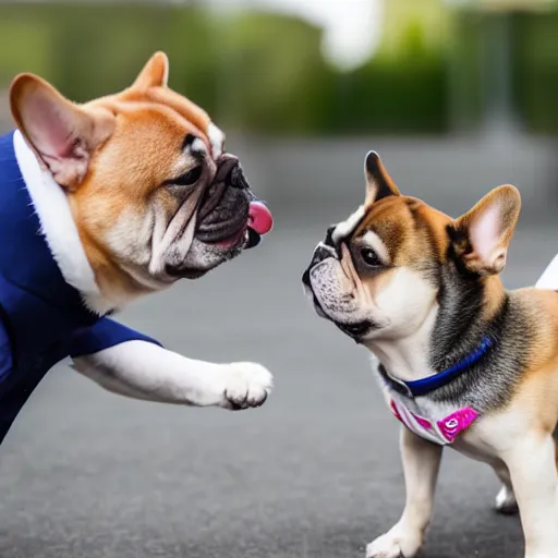 Prompt: a photo of french bulldog highfiving a shiba inu wearing a business suit, photorealistic, nikon d 7 8 0, high definition, sharp focus, bokeh, smooth, highly detailed, espn sports photography