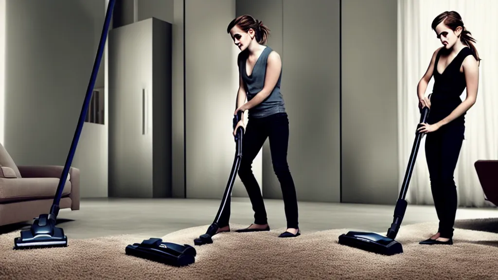 Image similar to emma watson vacuuming, professional photography, realistic, detailed, photorealistic