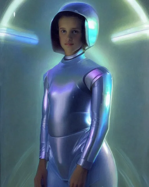 Image similar to a portrait painting of a shy, blushing 1 6 - year old alicia vikander or millie bobby brown, backlit, wearing a futuristic translucent iridescent plastic space suit in a space station, elegant, highly detailed, artstation, concept art, by krenz cushart and donato giancola and william adolph bouguereau and alphonse mucha