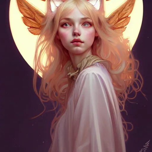 Prompt: Portrait of a girl angel with blonde hair, cat ears, glowing halo, wings, fantasy, intricate, elegant, highly detailed, digital painting, artstation, concept art, smooth, sharp focus, illustration, art by Krenz Cushart and Artem Demura and alphonse mucha