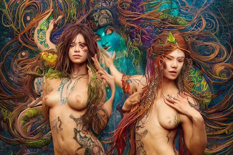 Prompt: a centered full body render of alluring festival hippies with tribal tattoos surrounded by a underwater ink pour and flowing liquid galium and sacred geometry, perfect body face and hands, powerful, cinematic, beautifully lit, by artgerm, by karol bak, by donato giancola, 3 d, trending on artstation, octane render, 8 k