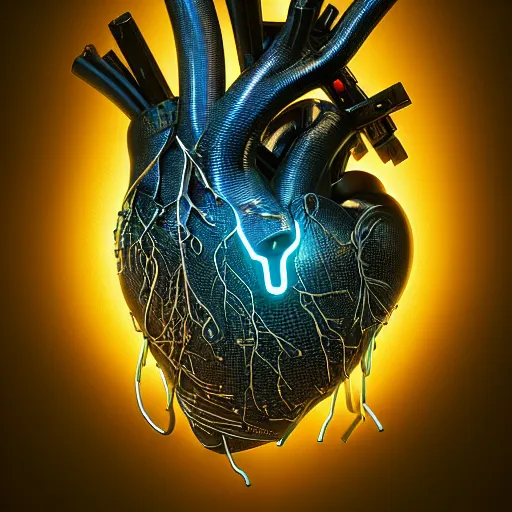 Image similar to a human heart, revealing wires and electronics, hooked - up, sci - fi, missing panels, intricate abstract upper body intricate artwork, concept art, octane render, deviantart, cinematic, key art, hyperrealism, iridescent accents, portrait photograph, nikon 3 5 mm, photograph by greg rutkowski