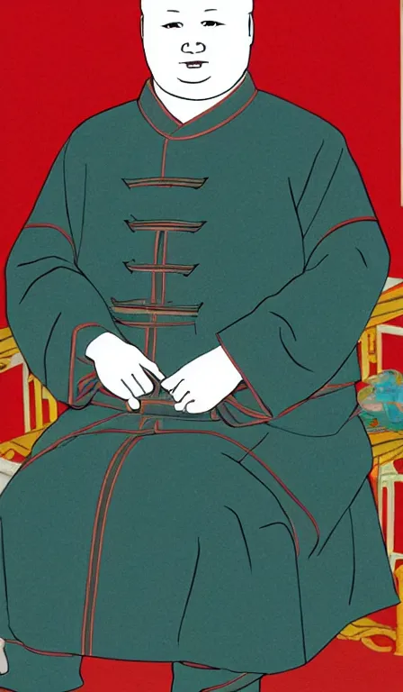 Image similar to Bobby Hill sits on his throne as emperor of Hill Dynasty China, imperial portrait