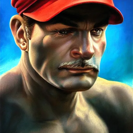 Prompt: An ultra realistic portrait painting of Mario wearing his cap in the style of Frank Frazetta, 4k, Ultrarealistic, Highly Detailed, Dark Fantasy, Epic Lighting