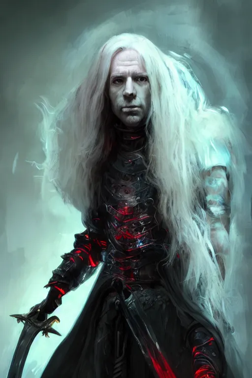 Image similar to 4k HD digital full body portrait of Elric of Melibourne, long white hair, black paper, vivid colors, Long black sword with red glowing runes, by Bastien LeCouffe-Deharme, Craig Mullins, Marc Simonetti, trending on Artstation