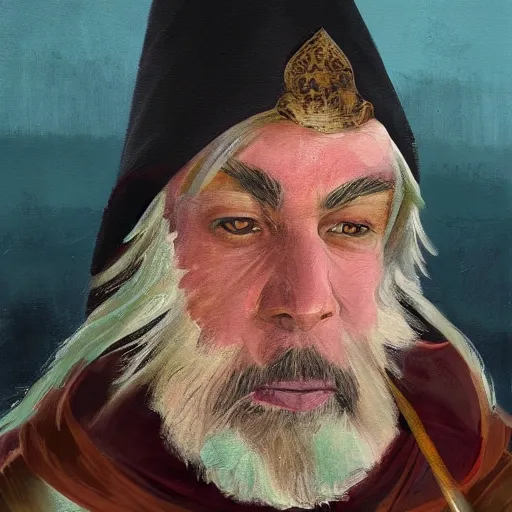 Prompt: a portrait painting of a male wizard by kieran yanner and mike sass and nat jones