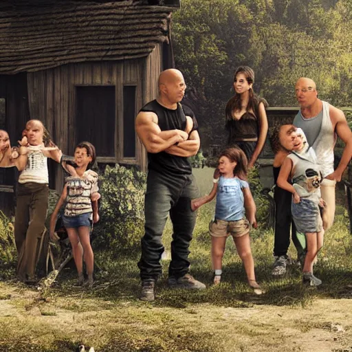 Prompt: closeup photo of vin diesel and his 6 children, sunny day, village house, pastoral, happy, cinematic, art by jan urschel and neil blevins