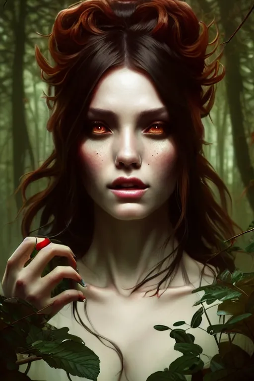 Image similar to beautiful digital painting of a stylish horror female forest with high detail, 8 k, stunning detail, works by artgerm, greg rutkowski and alphonse mucha, unreal engine 5, 4 k uhd