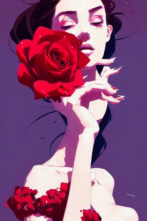 Image similar to a ultradetailed beautiful panting of a stylish woman holding a rose, by conrad roset, greg rutkowski and makoto shinkai, trending on artstation