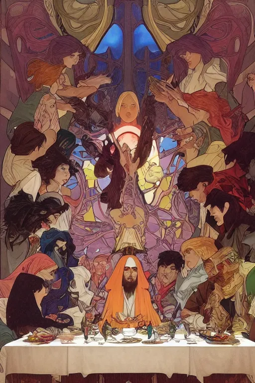 Image similar to the last supper, by artgerm and moebius and alphonse mucha, hyperdetailed, dc comics, explosions in the sky, trending on artstation