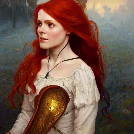 Image similar to portrait of a redhead human bard in a medieval tabern, joyful, fantasy, highly detailed, digital painting, artstation, concept art, character art, art by greg rutkowski and tyler jacobson and alphonse mucha