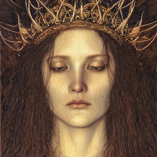 Image similar to detailed realistic beautiful young medieval queen face portrait by jean delville, michael kaluta and marco mazzoni, art nouveau, symbolist, visionary, gothic, pre - raphaelite