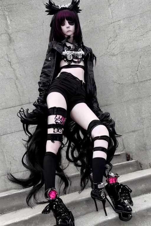 Prompt: cute black-and-red haired goth glitchcore girl, cute goth hatsune miku look and clothes, chrome hearts, hyper-maximalist, highly-detailed and intricate, trending on r/streetwear, outfit photo, we see them from head to toe