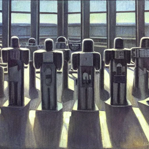 Image similar to robot bishop guards, human subjugation, brutalist supermax prison facility, end times, grant wood, pj crook, edward hopper, oil on canvas