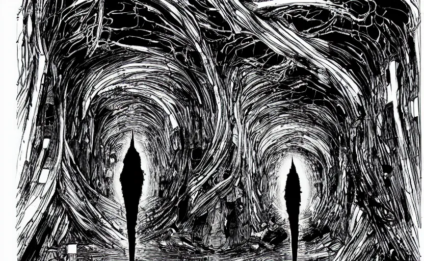 Image similar to light at the end of the tunnel by tsutomu nihei, inked, minute details, desolation, hyper realistic, cosmic horror, biomechanical, beautiful