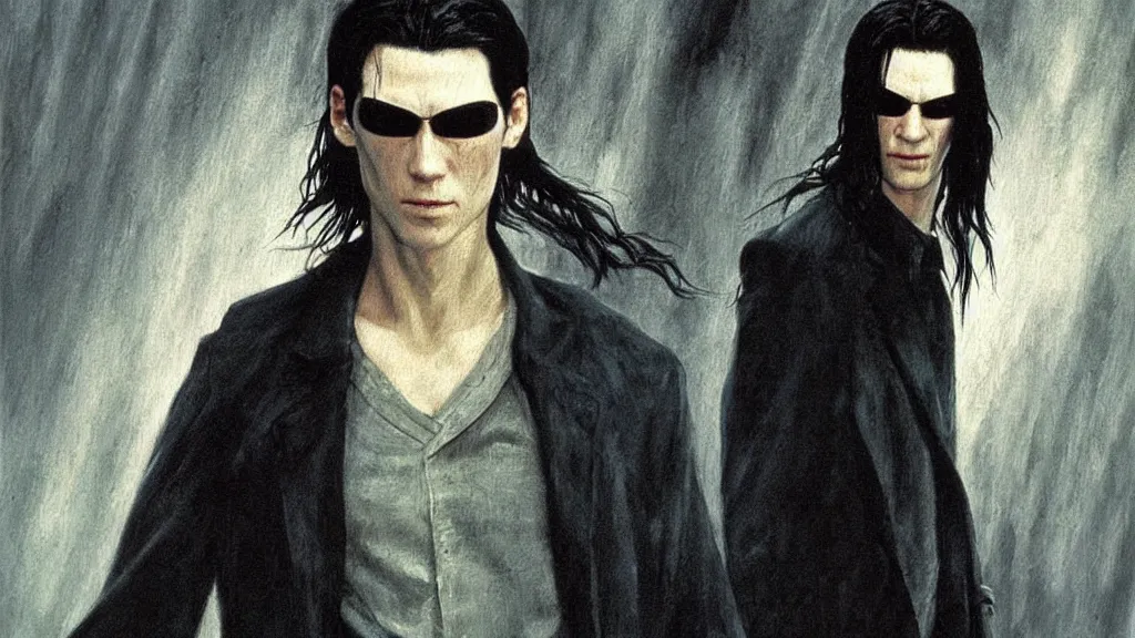 Image similar to an oil painting in the style of alan lee depicting neo from the movie the matrix ( 1 9 9 9 )