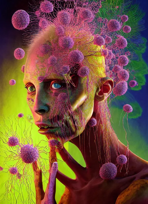 Image similar to hyper detailed 3d render like a Oil painting - Yolandi Visser seen Eating of the Strangling network of yellowcake aerochrome and milky Fruit and Her delicate Hands hold of gossamer polyp blossoms bring iridescent fungal flowers whose spores black the foolish stars by Jacek Yerka, Mariusz Lewandowski, Houdini algorithmic generative render, Abstract brush strokes, Masterpiece, Edward Hopper and James Gilleard, Zdzislaw Beksinski, Mark Ryden, Wolfgang Lettl, hints of Yayoi Kasuma, octane render, 8k