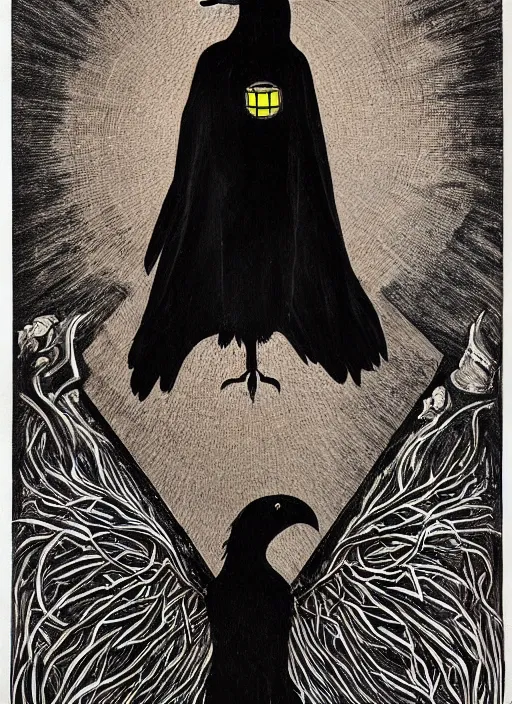 Image similar to portrait centered on a raven in a vantablack cloak and holding a symbolic weapon. art in the style of symbolism art style. portrait hung up in a windows 9 8 castle. r / oldschoolfantasy