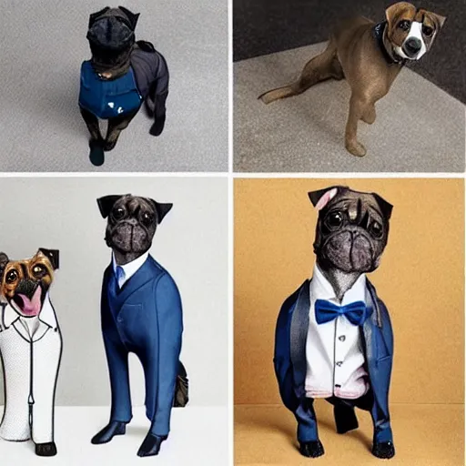 Prompt: photorealistic dog wearing business suits from vogue magazine