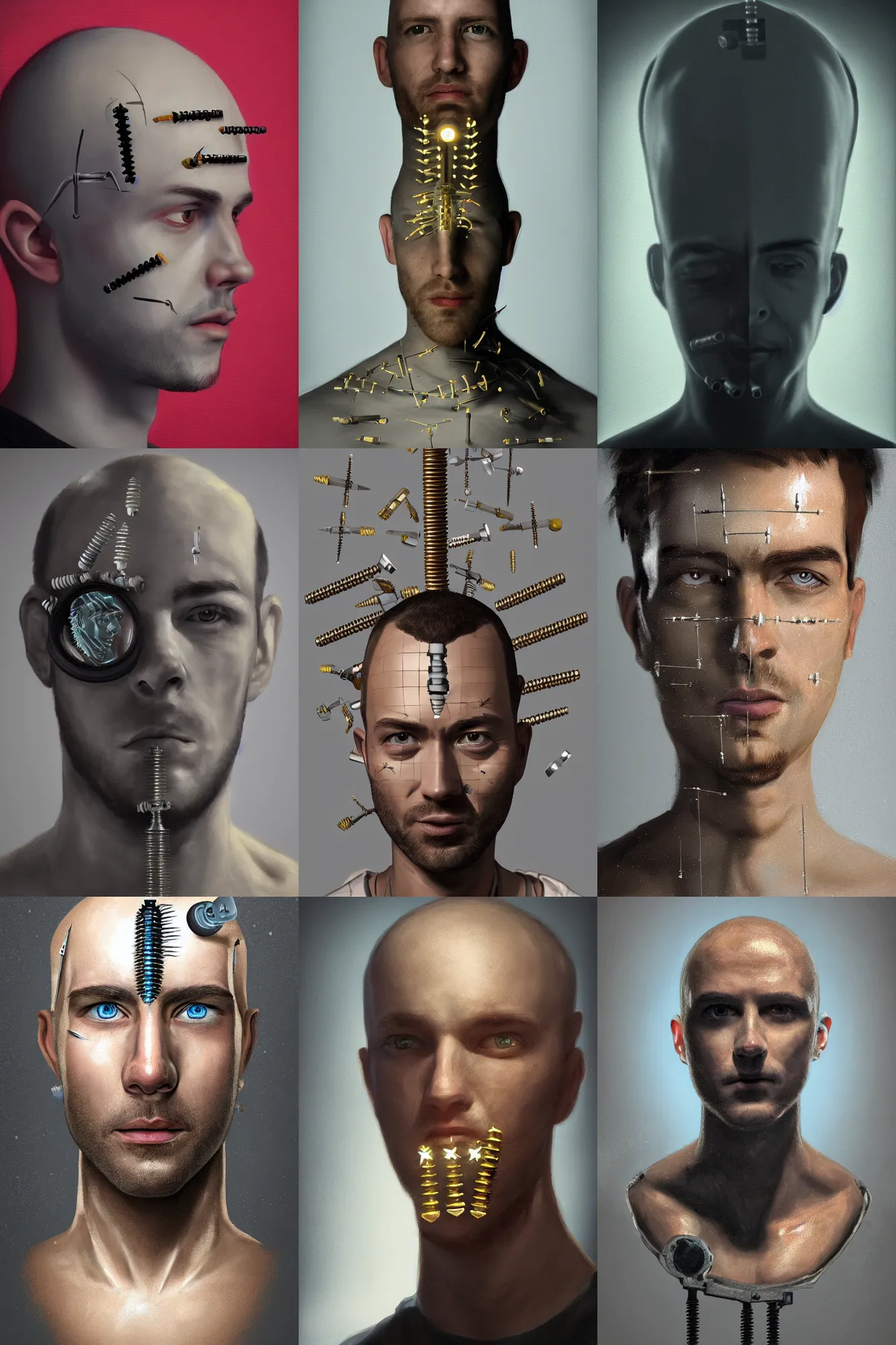 Prompt: A painted self portrait of a man with screws in is head instead of hair, backlight, volumetric lighting, detailed, trending on artstation