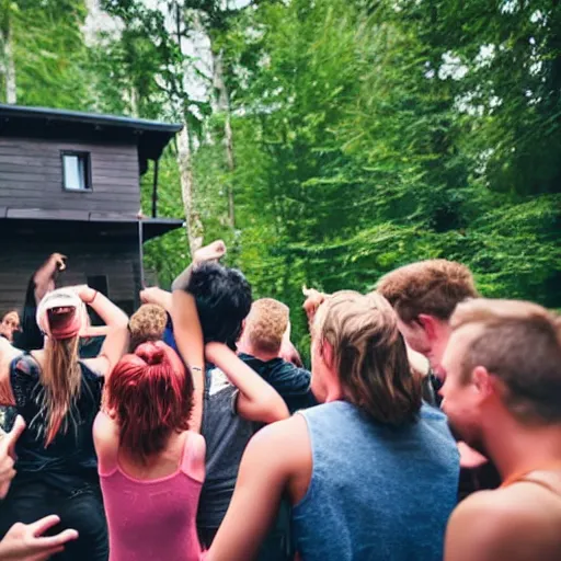 Image similar to group of friends raving outside a woodland cabin, big speaker stack, club lighting