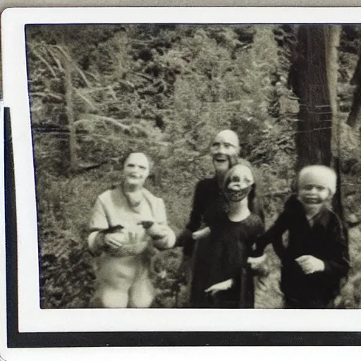 Image similar to really old polaroid photograph of horrorific extraterrestrial beings visiting earth,