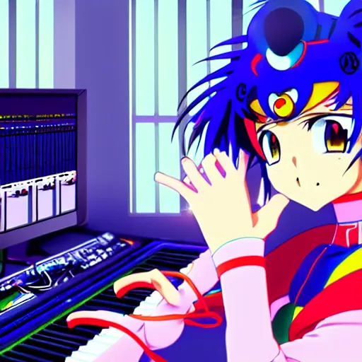 Image similar to An anime character working in their music studio. 90s anime, Sailor Moon, Neon Genesis, official art, flat cell shading, fantastic screenshot art, trending on artstation