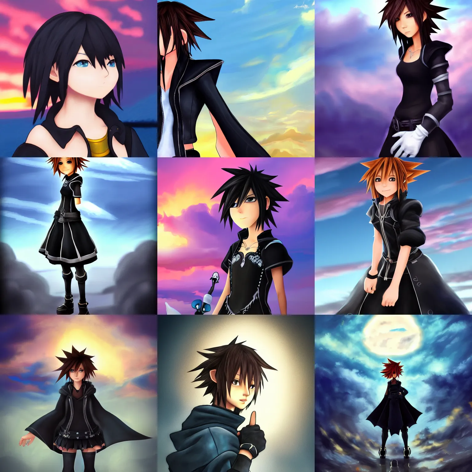 Prompt: xion with sunset clouds as the background | kingdom hearts character portrait, trending on artstation, deviantart, painttoolsai, pixiv, 8 k, fanart | short, black haired scrawny girl in a black leather cloak with blue eyes and choppy short hair with black gloves
