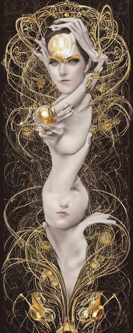 Image similar to beauty art nouveau woman, White and gold robotic, lasers making patterns in reflection of gold, trending on artstation, by Artgerm