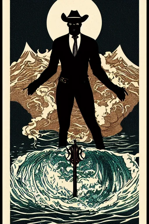 Prompt: a beautiful symmetrical tarot! card of a stout handsome black cowboy in front of a torrential flooding river, homoerotic, white water rapids, art deco!, art nouveau, by Mark Maggiori, trending on artstation
