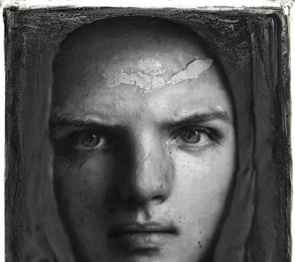 Prompt: 1 8 year old white man wearing black balaclava, balaclava covering face, highly detailed face, haunting eyes, close up, by gustave dore. back glass painting, carnation, encaustic painting, b - roll, establishing shot, dappled light, crime scene photography, 8 k, vray, unreal engine, blender cycles, colorful