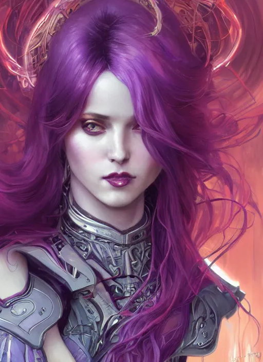 Prompt: close up portrait vampire with purple hair in sci - fi bionic armor, highly detailed, very intricate, art nouveau, red filigree, romantic storybook fantasy, soft cinematic lighting, award - winning, disney concept art watercolor illustration by mandy jurgens and alphonse mucha and alena aenami, pastel color palette, featured on artstation