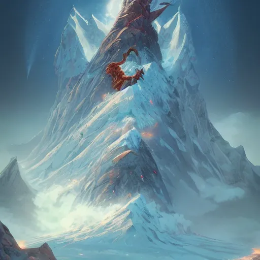 Image similar to mountain reaches into the sky, huge daragons breathing ice and fire by peter mohrbacher and dan mumford and nekro, cgsociety, volumetric light, 3 d render