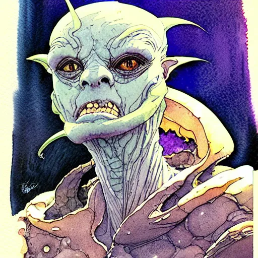 Image similar to a simple and atmospheric watercolour portrait of a pulp sci - fi alien demon, very muted colors, by rebecca guay, michael kaluta, charles vess and jean moebius giraud